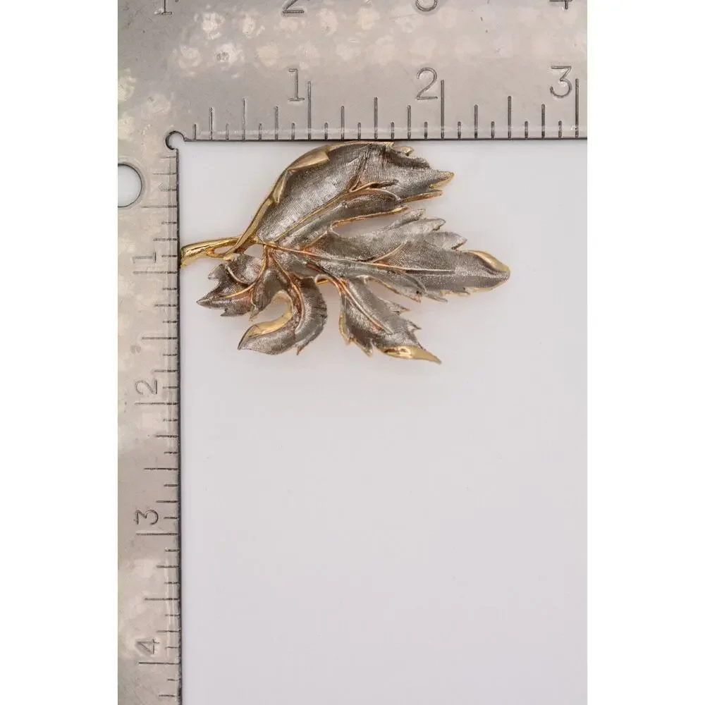 Vintage Leaf Pin Brooch Dark Silver Gold Textured Heavy Chunky 1980s BinAP